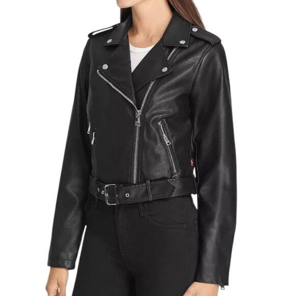 Levi's Women's Size S Vegan Leather Belted Hem Cropped Moto Jacket - Picture 8 of 11